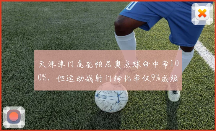 天津津门虎孔帕尼奥点球命中率100%，但运动战射门转化率仅9%成短板